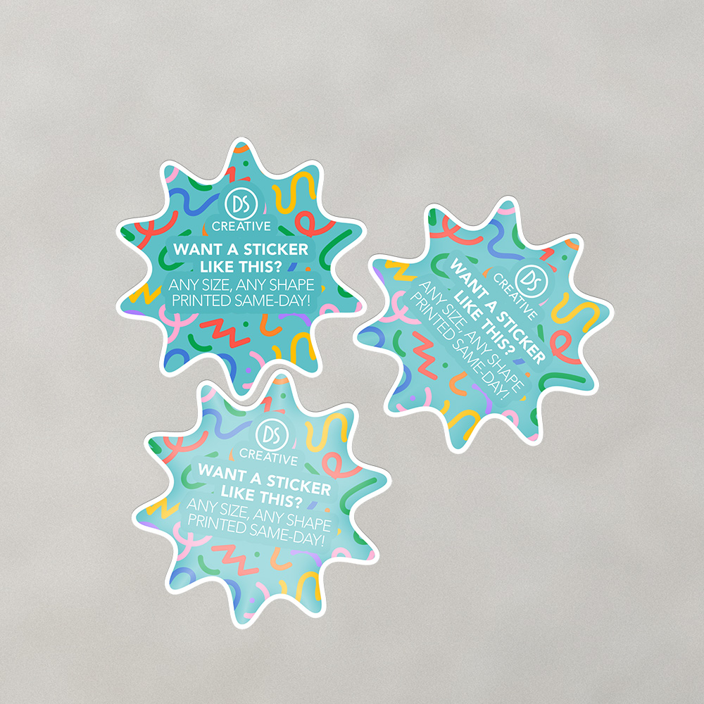 3 individual custom shaped stickers, with a complex border and high print quality